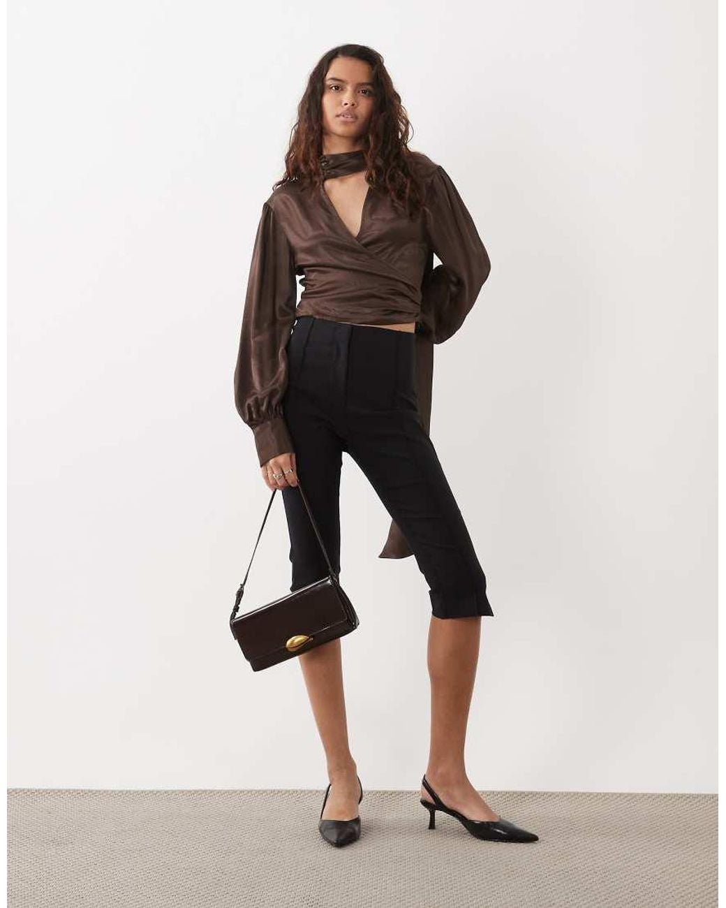 ASOS Brown Satin Wrap Scarf Blouse