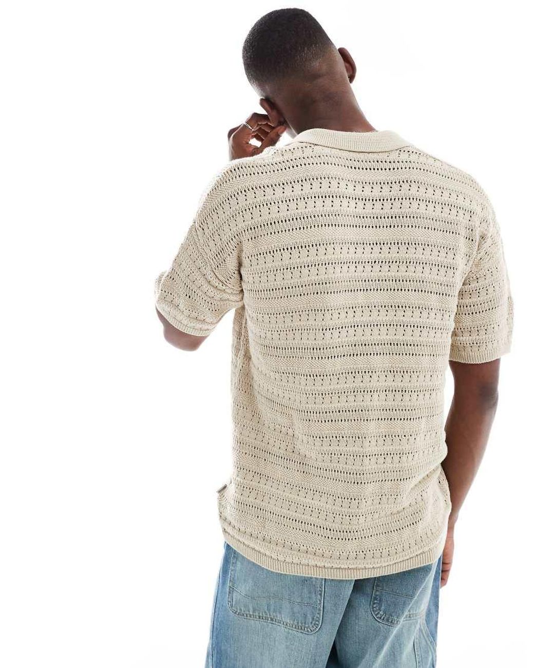 Only & Sons Natural Drop Shoulder Open Knit Split Neck Polo for men