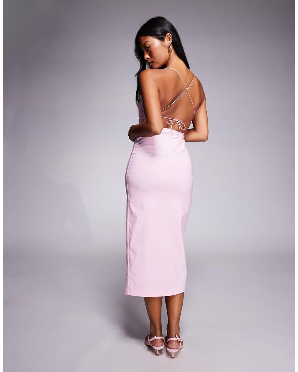 Vesper Petite Purple Bengaline Square Neck Midaxi Dress With Open Back