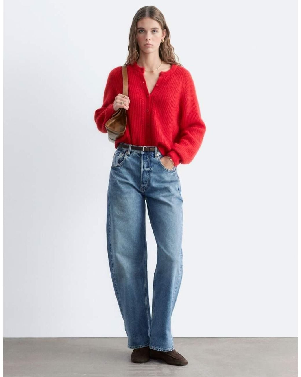 & Other Stories Red Mohair Cardigan With Cable Detail