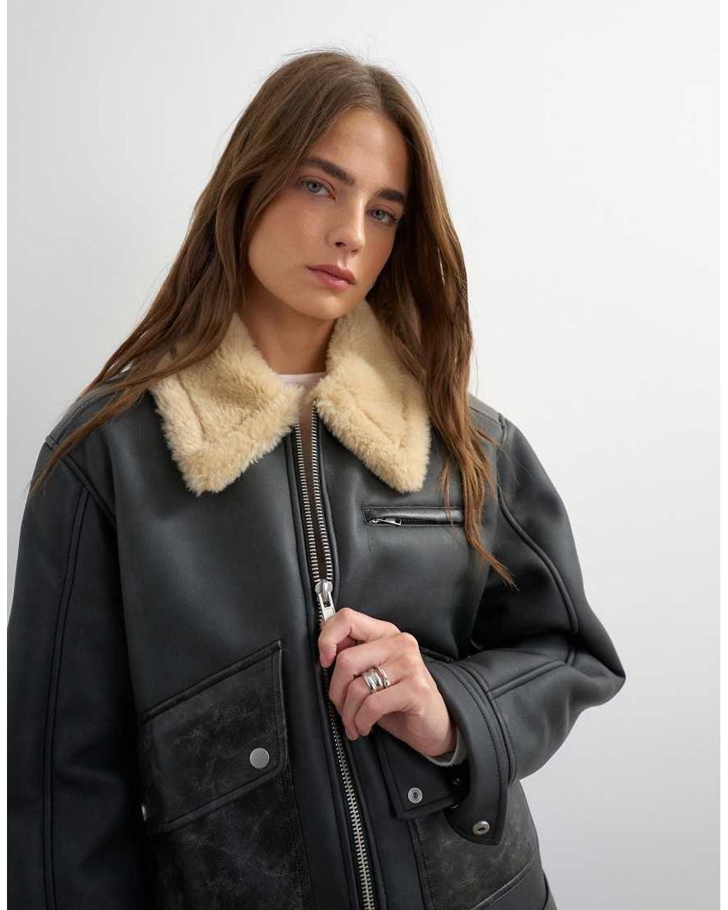 TOPSHOP Black Shearling Belted Biker Jacket