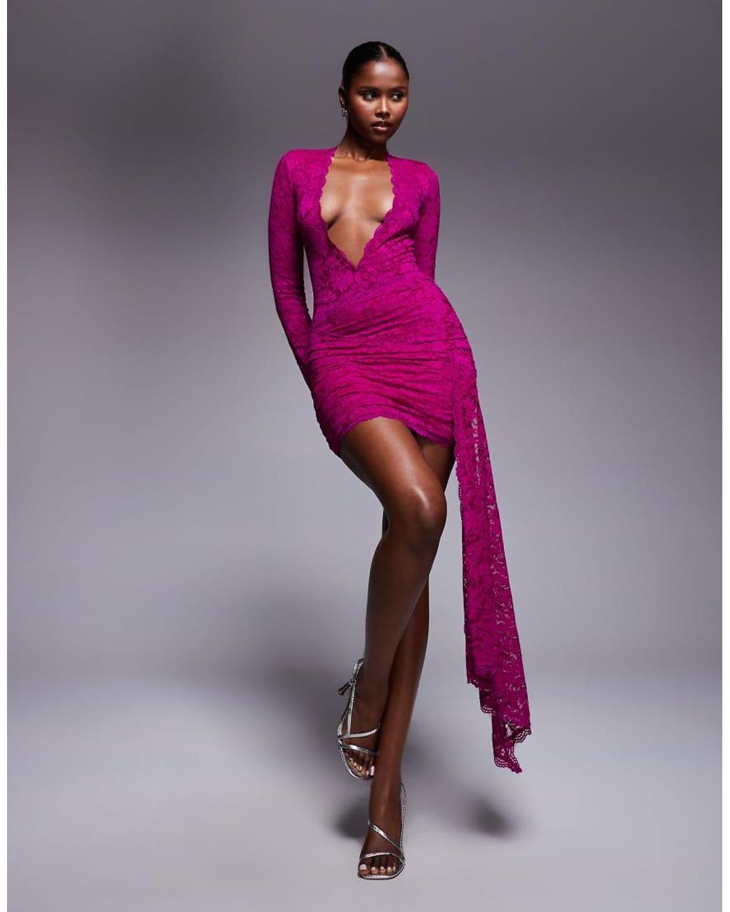 Murci Plunge Neck Drape Side Long Sleeve Lace Mini Dress in Pink | Lyst UK