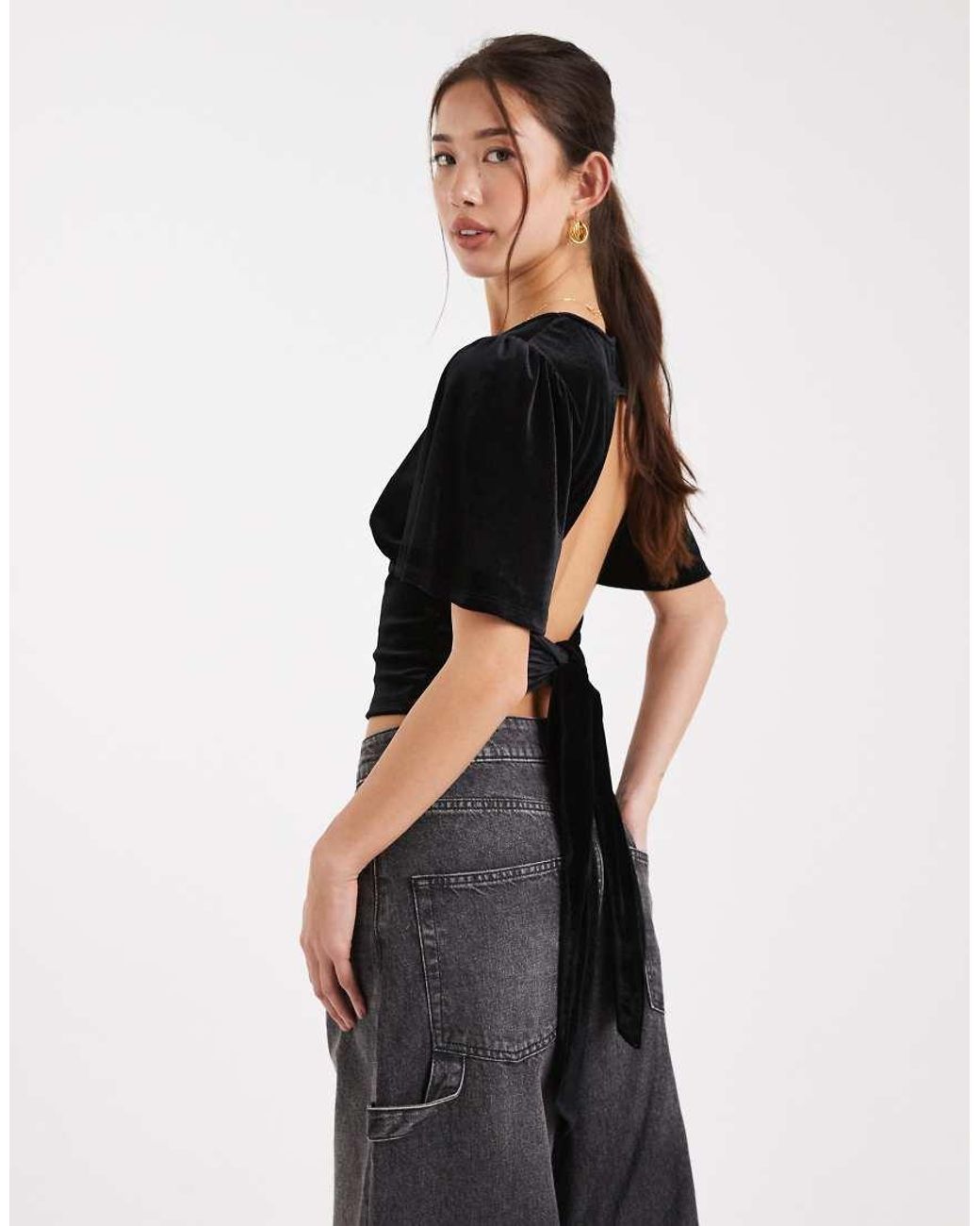 ASOS Black Velvet Puff Sleeve Top With Tie Back