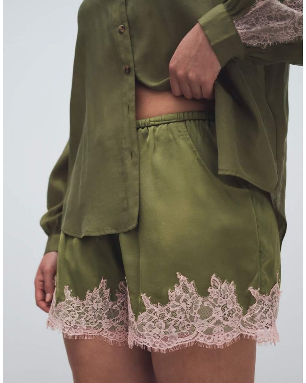 Never Fully Dressed Green Satin Lace Hem Detail Shorts Co-Ord