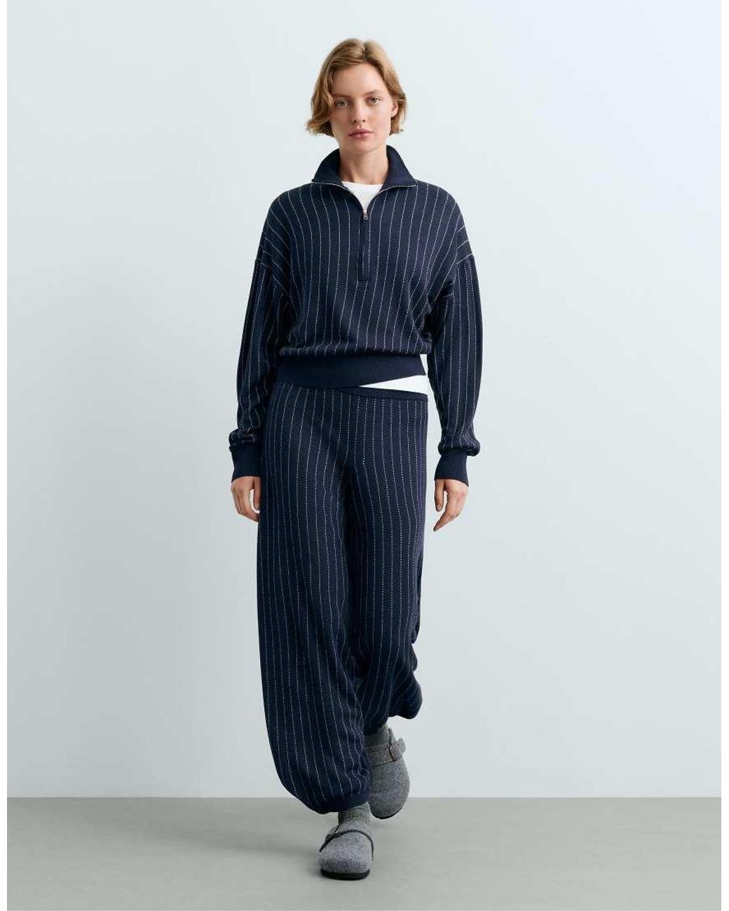 Oysho Blue Pinstripe Knit Cocoon Trousers