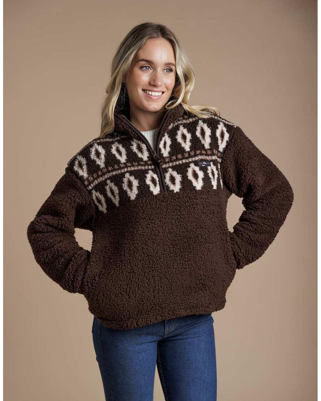 French Connection Brown Fairisle Borg High Neck 1/2 Zip Fleece Pullover