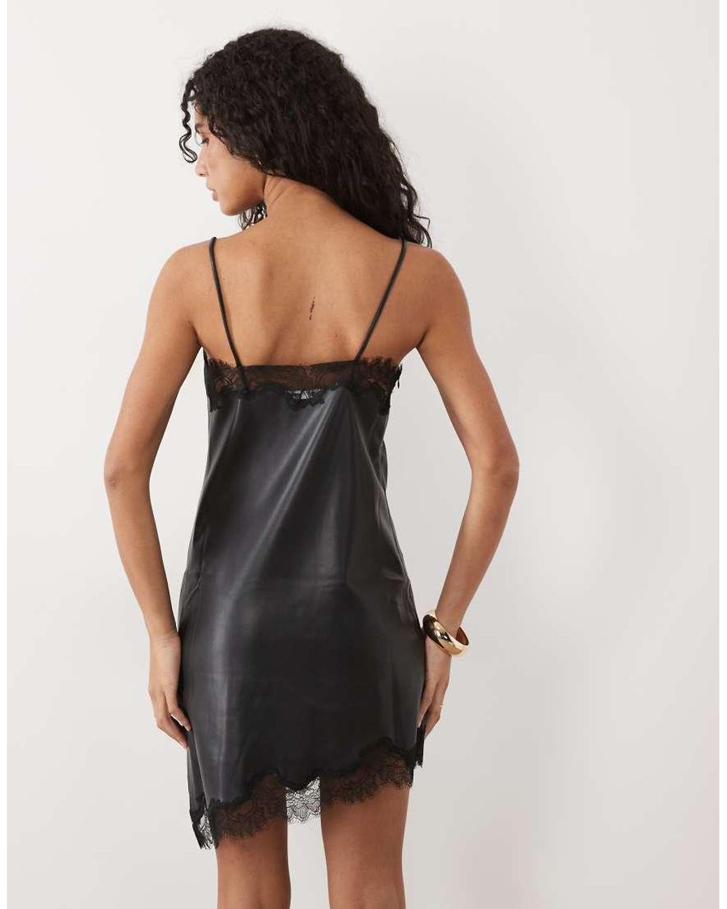 Mango Black Faux Soft Leather Cami Mini Dress With Lace Trim