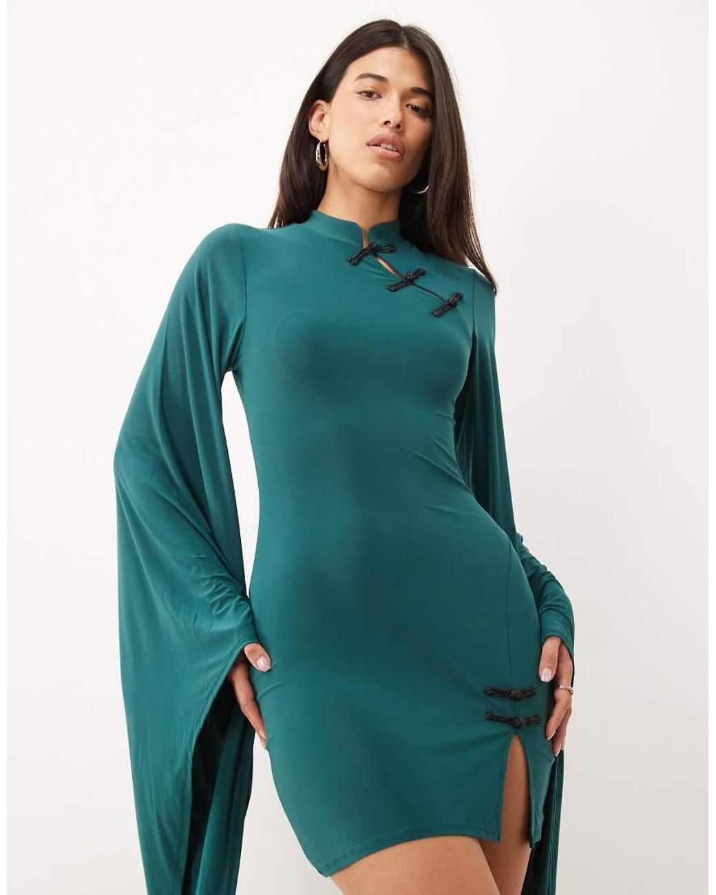 ASOS Green Sculpting Mandarian Detail High Neck Mini Dress With exaggerated Sleeve