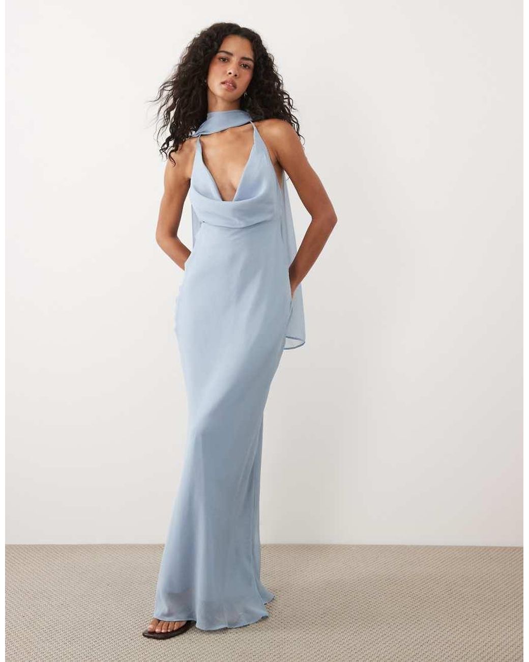ASOS Blue Satin Cowl Neck Scarf Maxi Dress