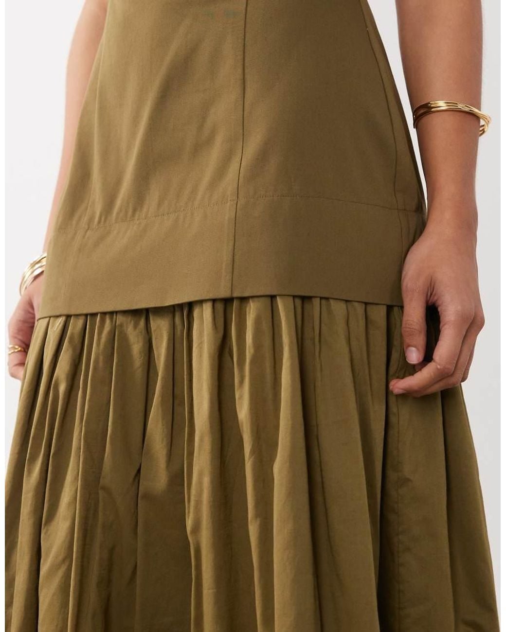 ASOS Green Cotton Sateen Bandeau Maxi Sundress With Dropped Waist Poplin Skirt