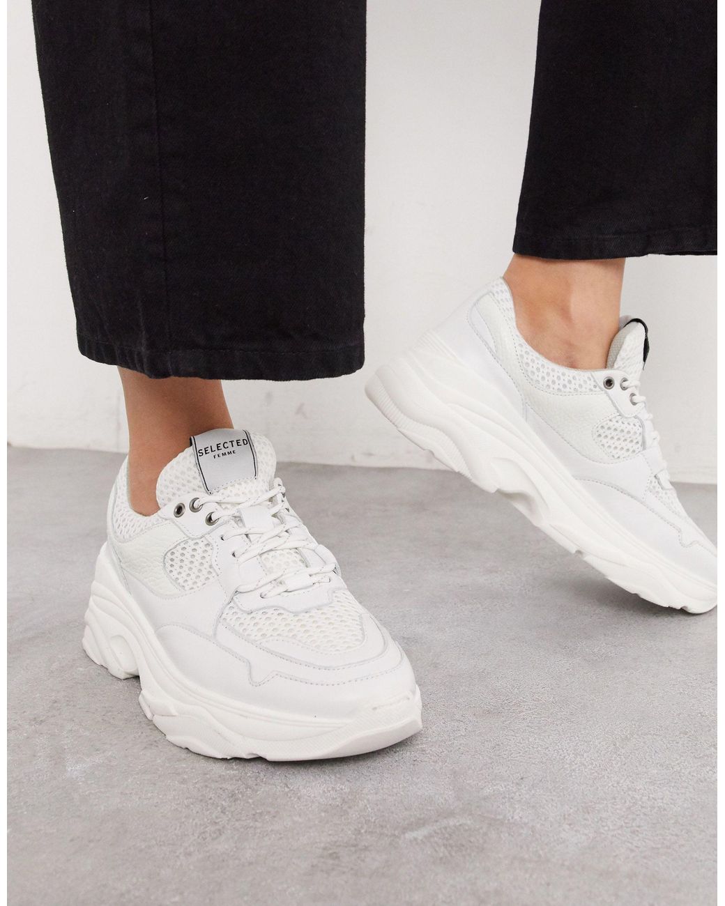 SELECTED Femme Chunky Leather Sneakers With Sports Mesh in White | Lyst  Australia