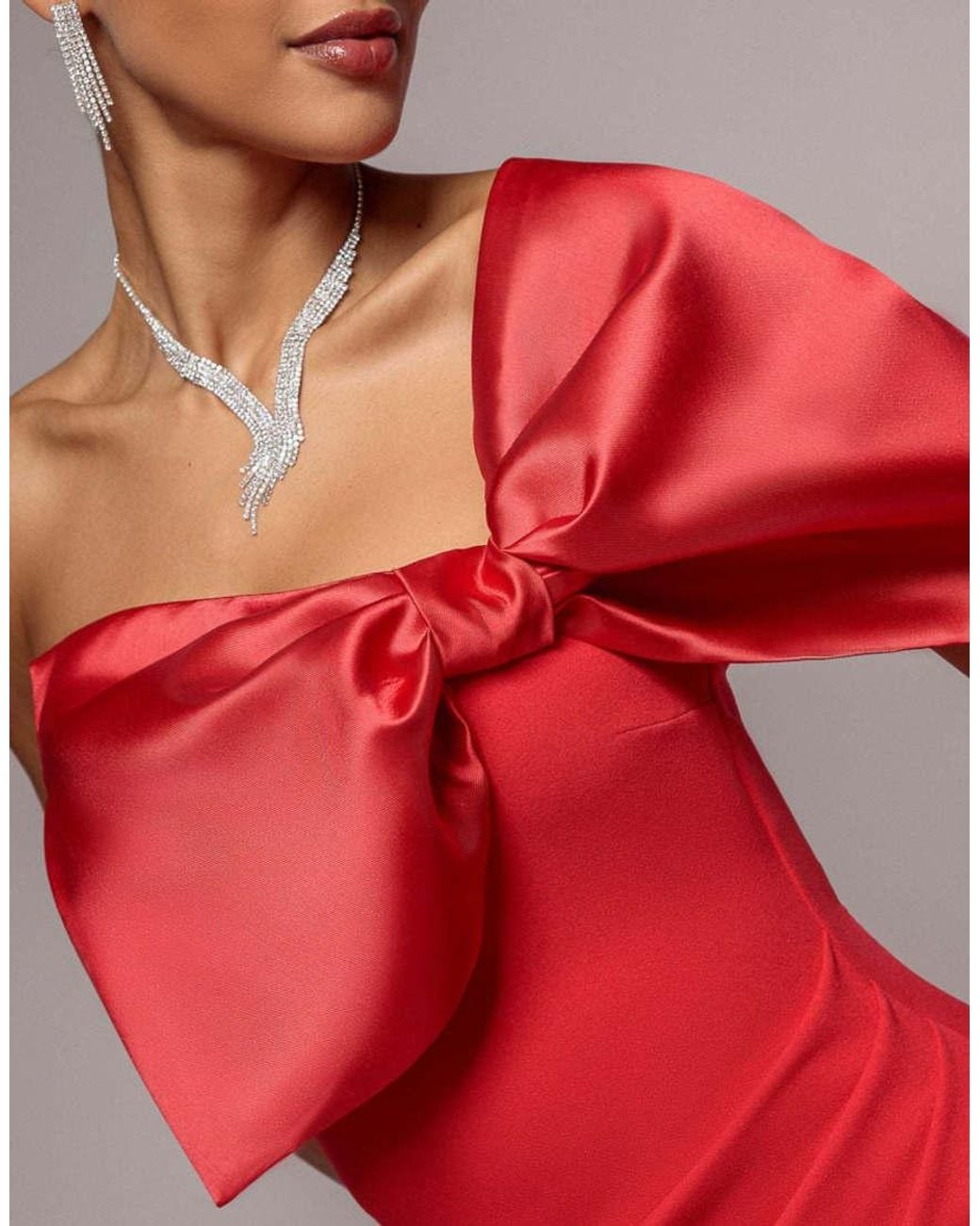 Goddiva Red Off The Shoulder Satin Bow Neck Maxi Dress