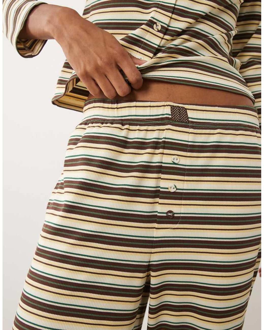Brave Soul Brown Button Down Long Sleeve Stripe Pyjama Set