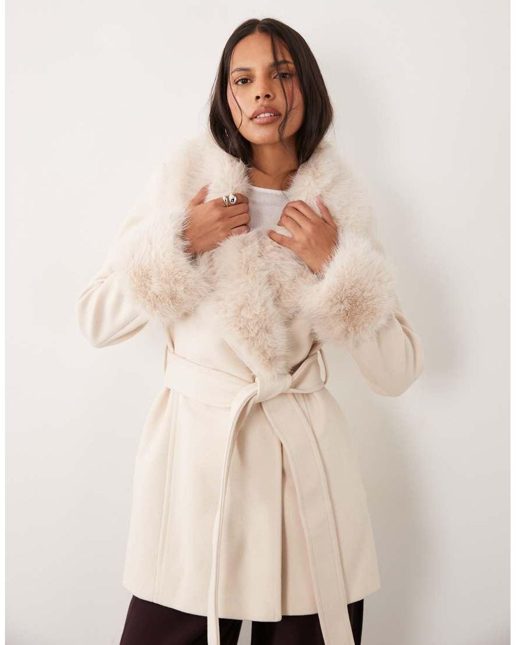 Forever New Natural Faux Fur Collar Cuff Tie Belt Short Coat