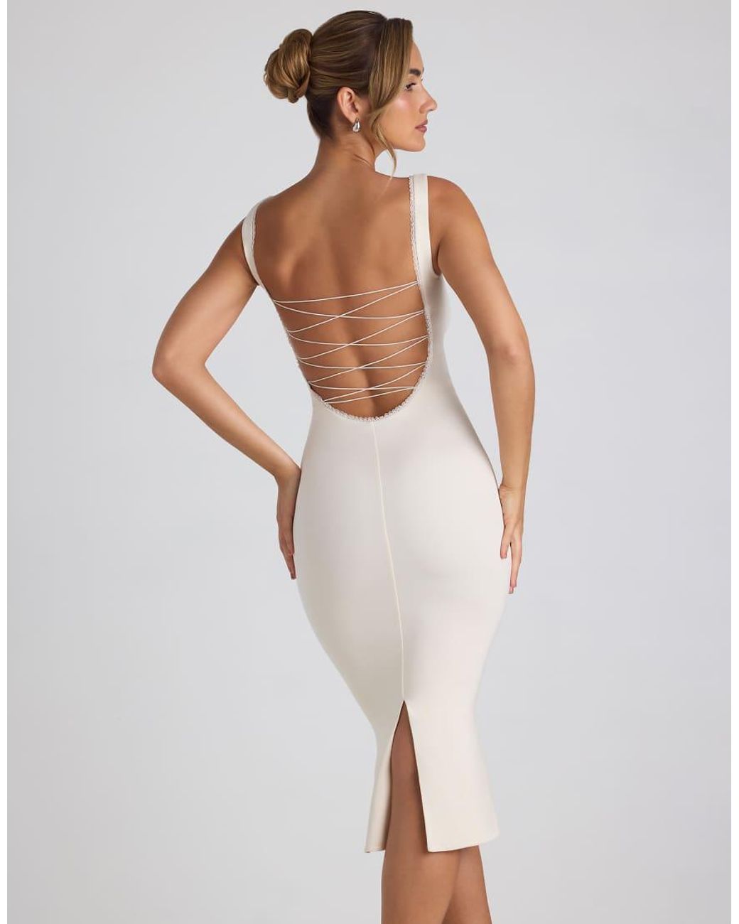 Oh Polly White Modal Lace Trim Square Neck Scoop Back Bodycon Midi Dress