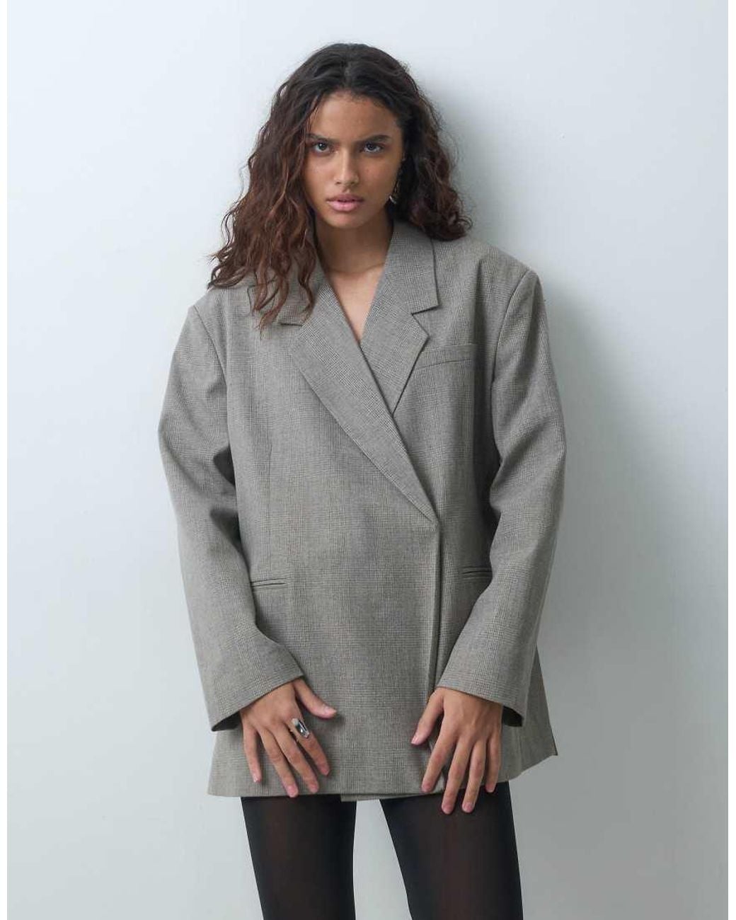 Vero Moda Gray Oversize Check Blazer With Slit Detail