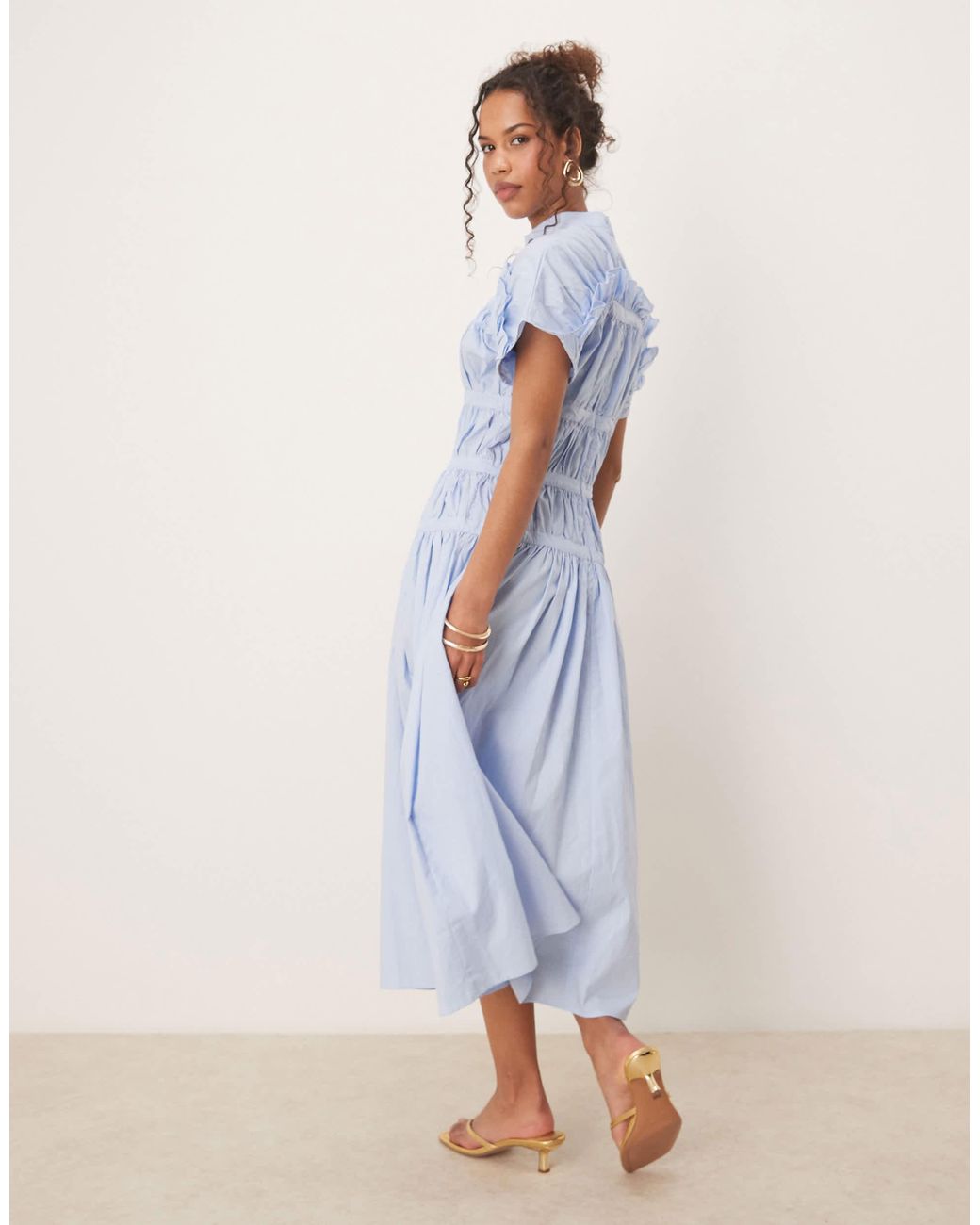 ghospell ruched white midi dress Ghospell shirt midi dress in cloud white