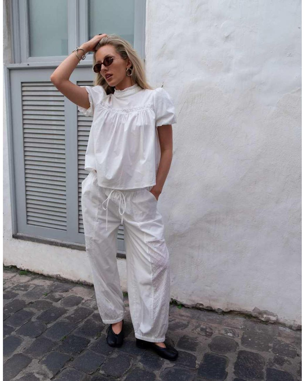 Daisy Street Gray X Emma Jean Barrel Pull On Trousers With Broderie Panel