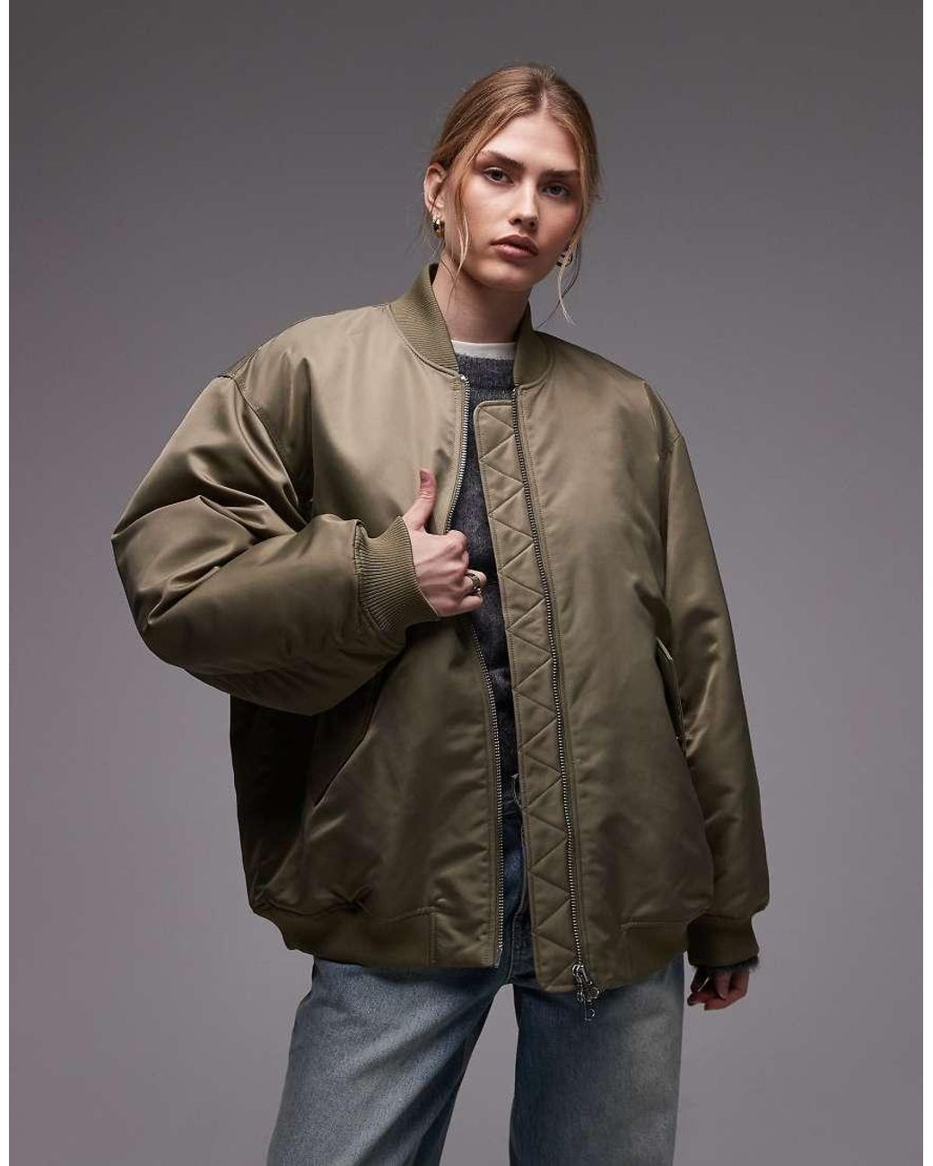 & Other Stories Gray Nylon Rib Sleeve Oversized Bomber Jacket