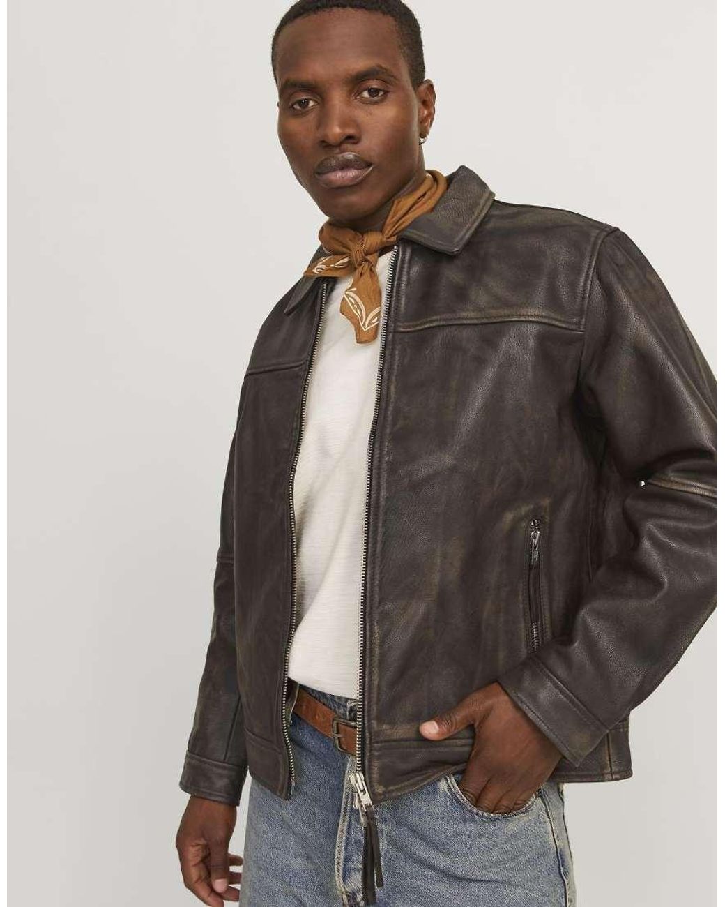 Jack & Jones Brown Leather Jacket for men