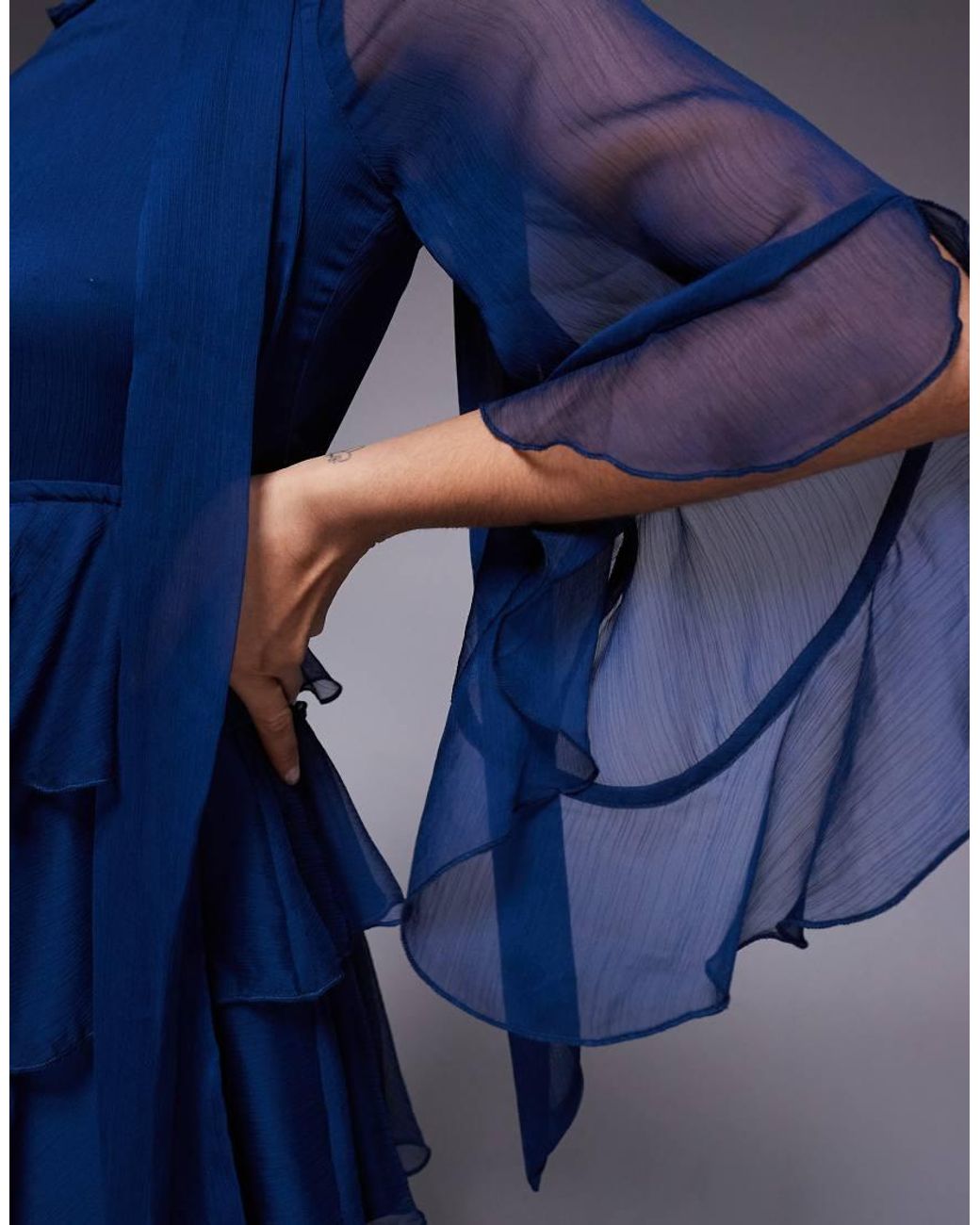 Bardot Blue Norah Chiffon High Neck Ruffle Detail Tiered Mini Dress