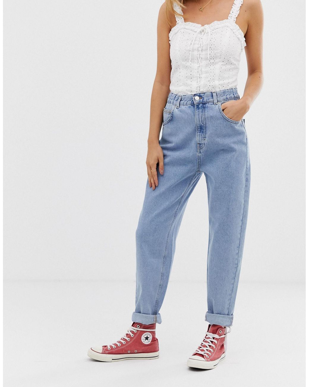 Pull&Bear Elasticated Waist Mom Jean in Blue | Lyst