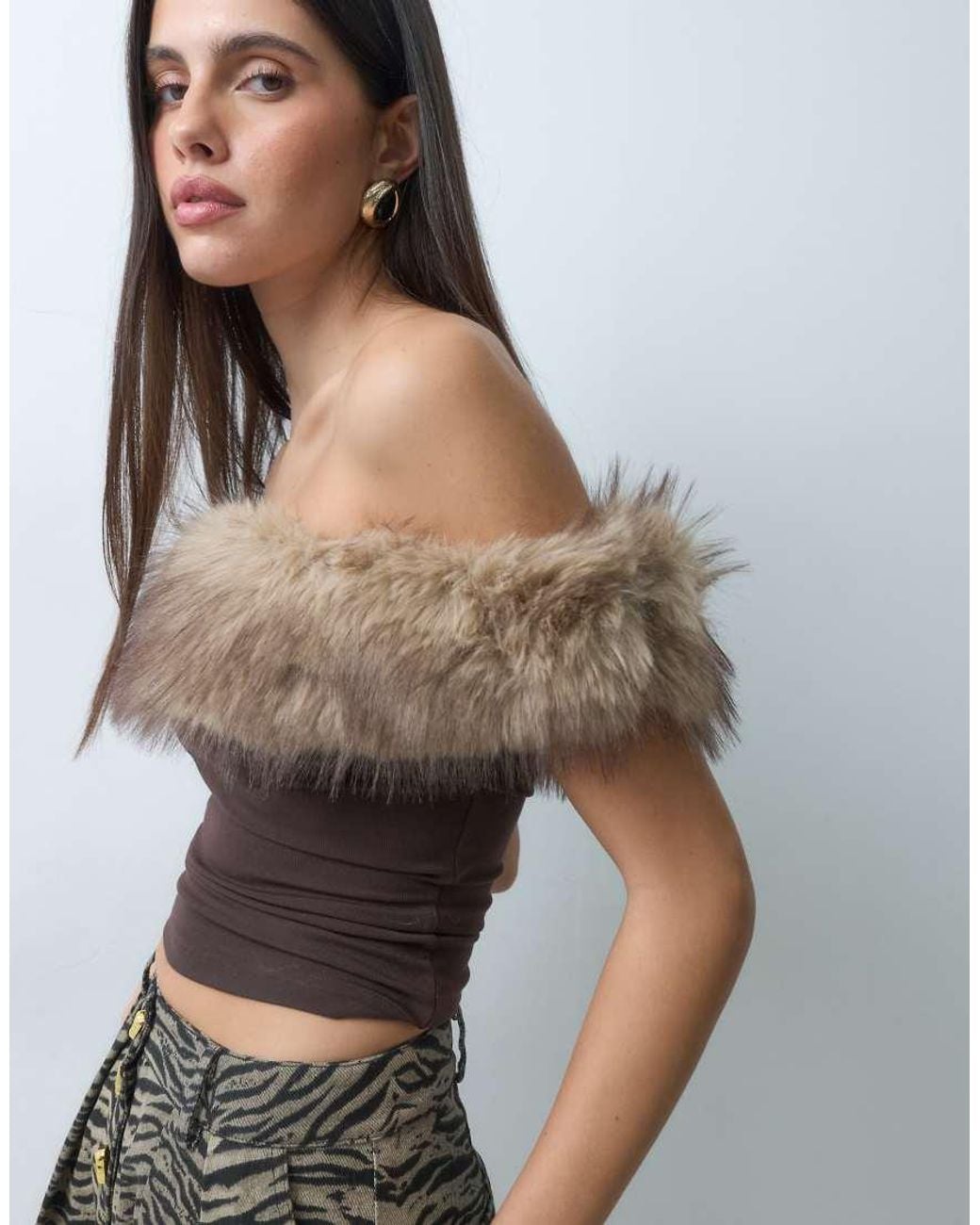 I.AM.GIA Brown Lora Bardot Faux Fur Trim Asymmetric Knitted Top