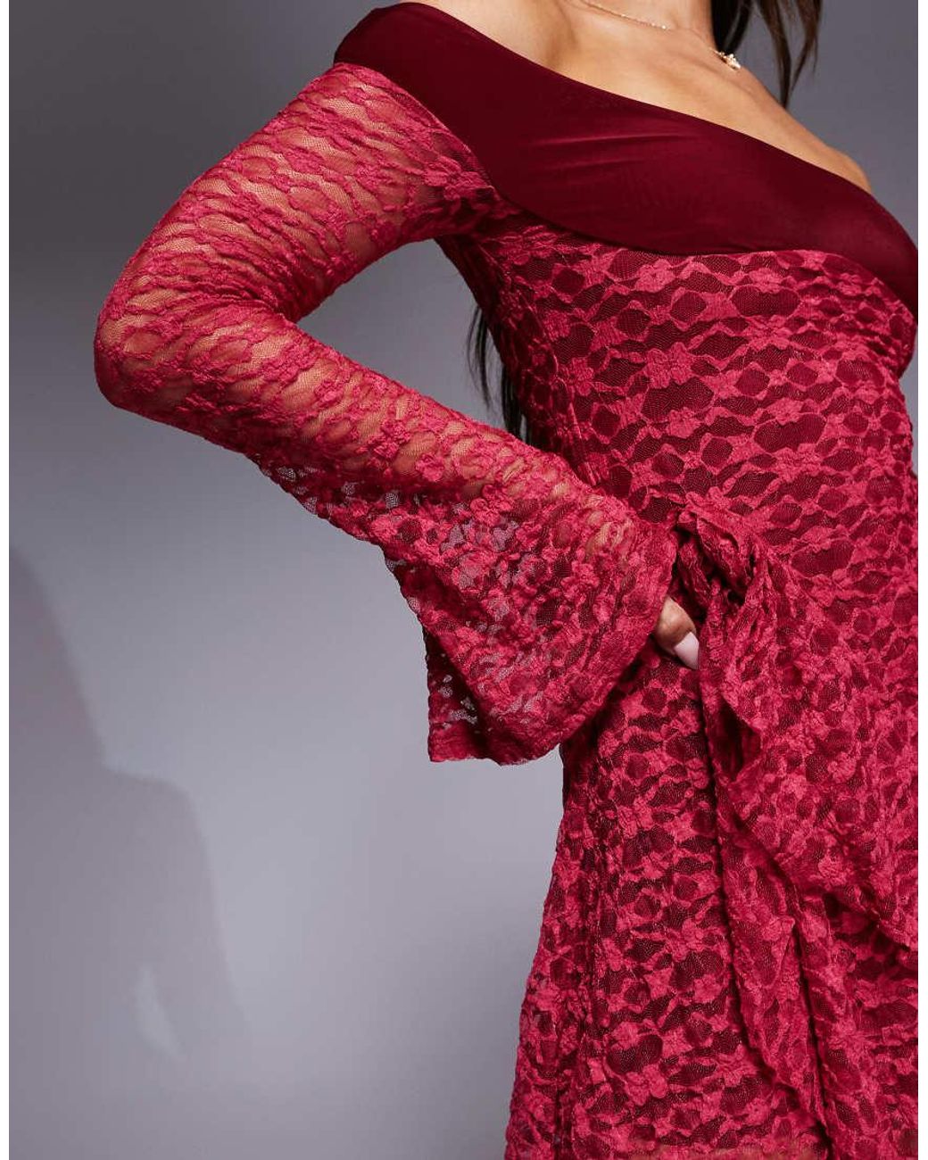 ASOS Red Lace Blocked Neck Bardot Mini Dress With Flippy Sleeves And Hitched Trim Detail Skirt