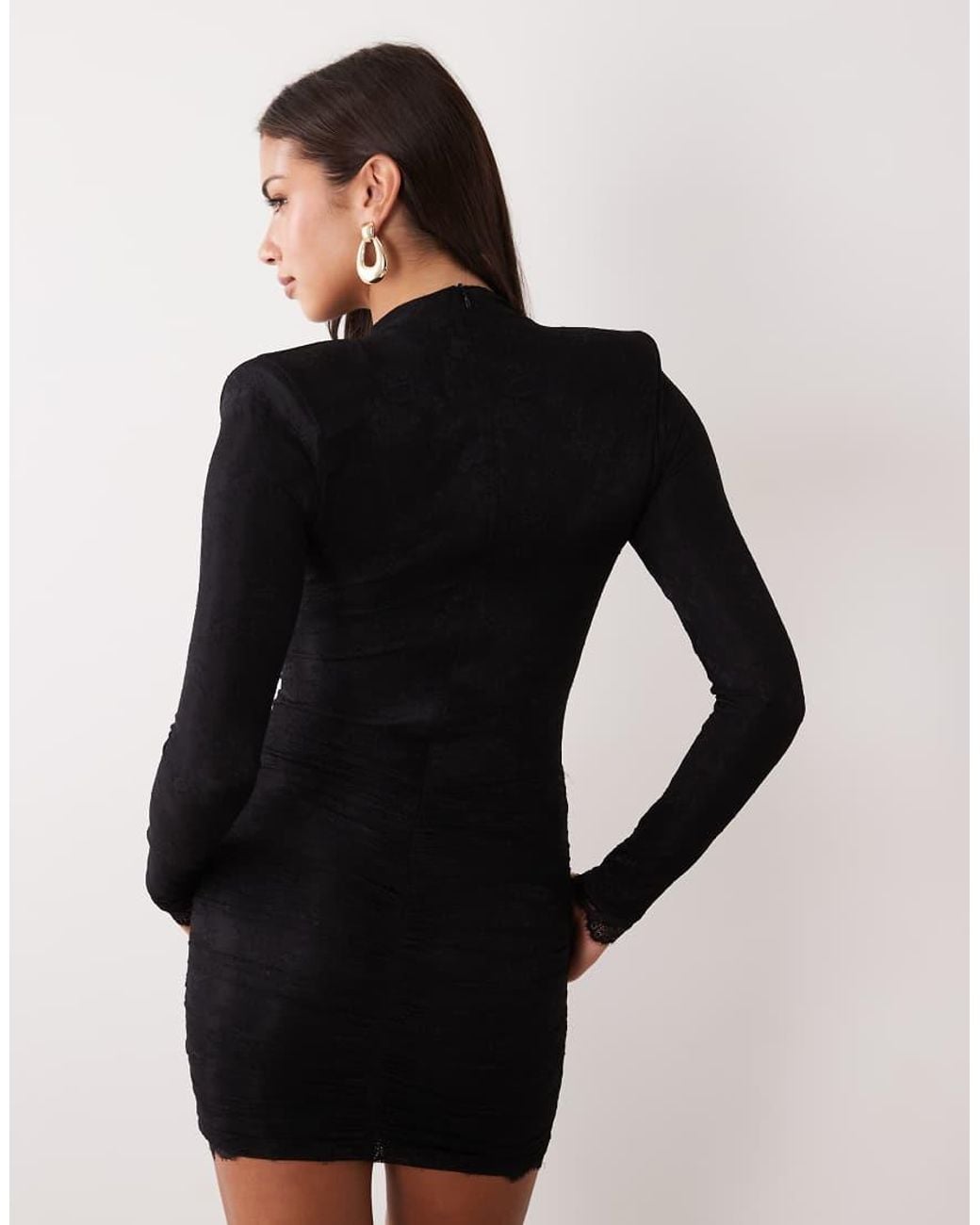 Ruched & Ready Black Contrast Lace Cut Out Shoulder Pad Detail Mini Dress