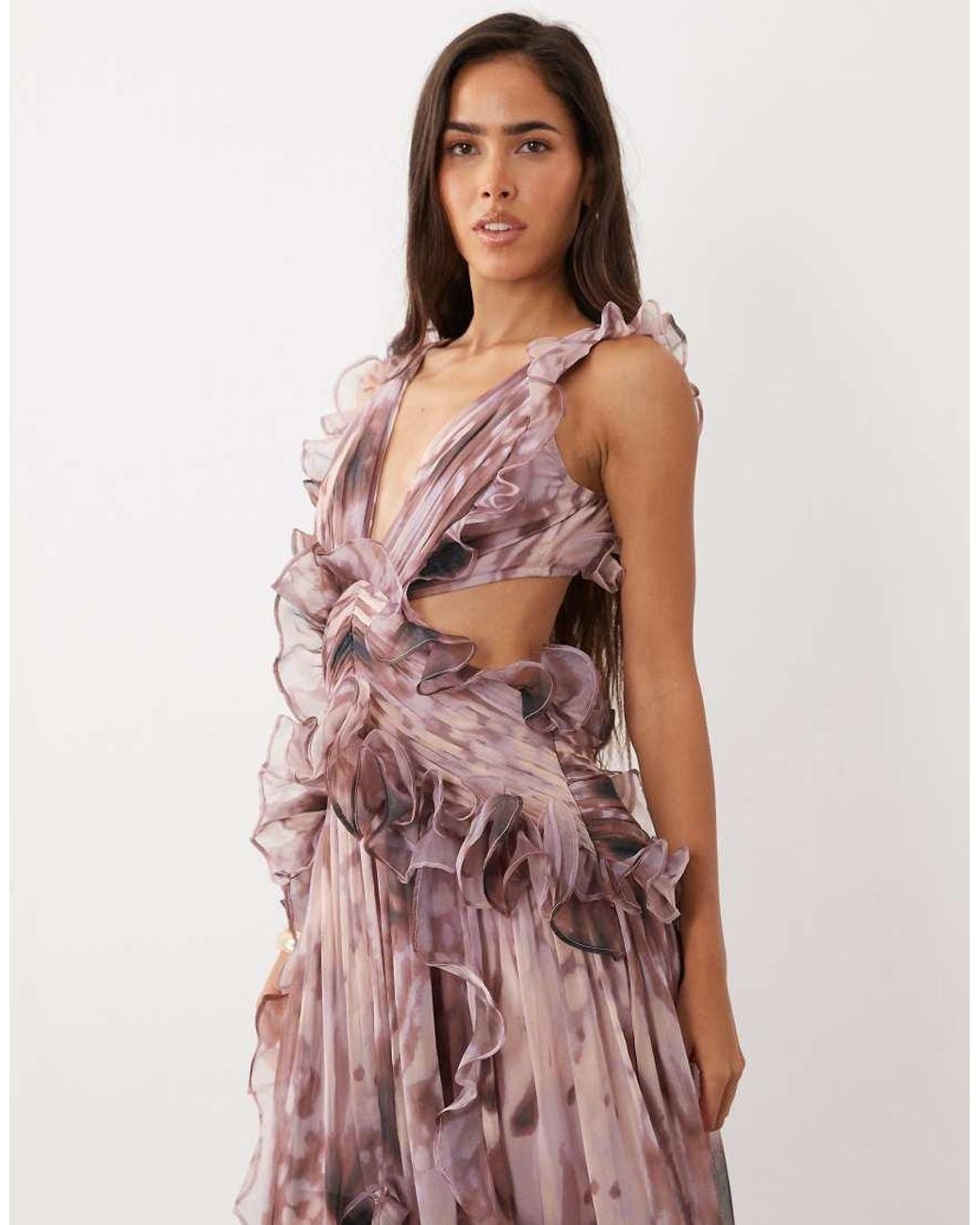 ASOS Pink Plunge Maxi Dress With Ruched Chiffon Detail & Open Back