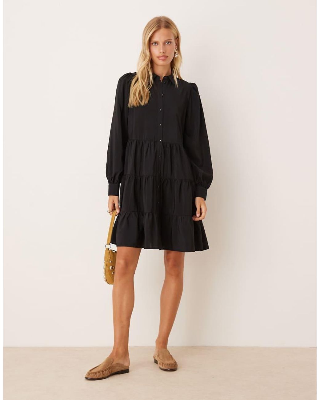 Y.A.S Black Long Sleeve Tiered Mini Shirt Dress