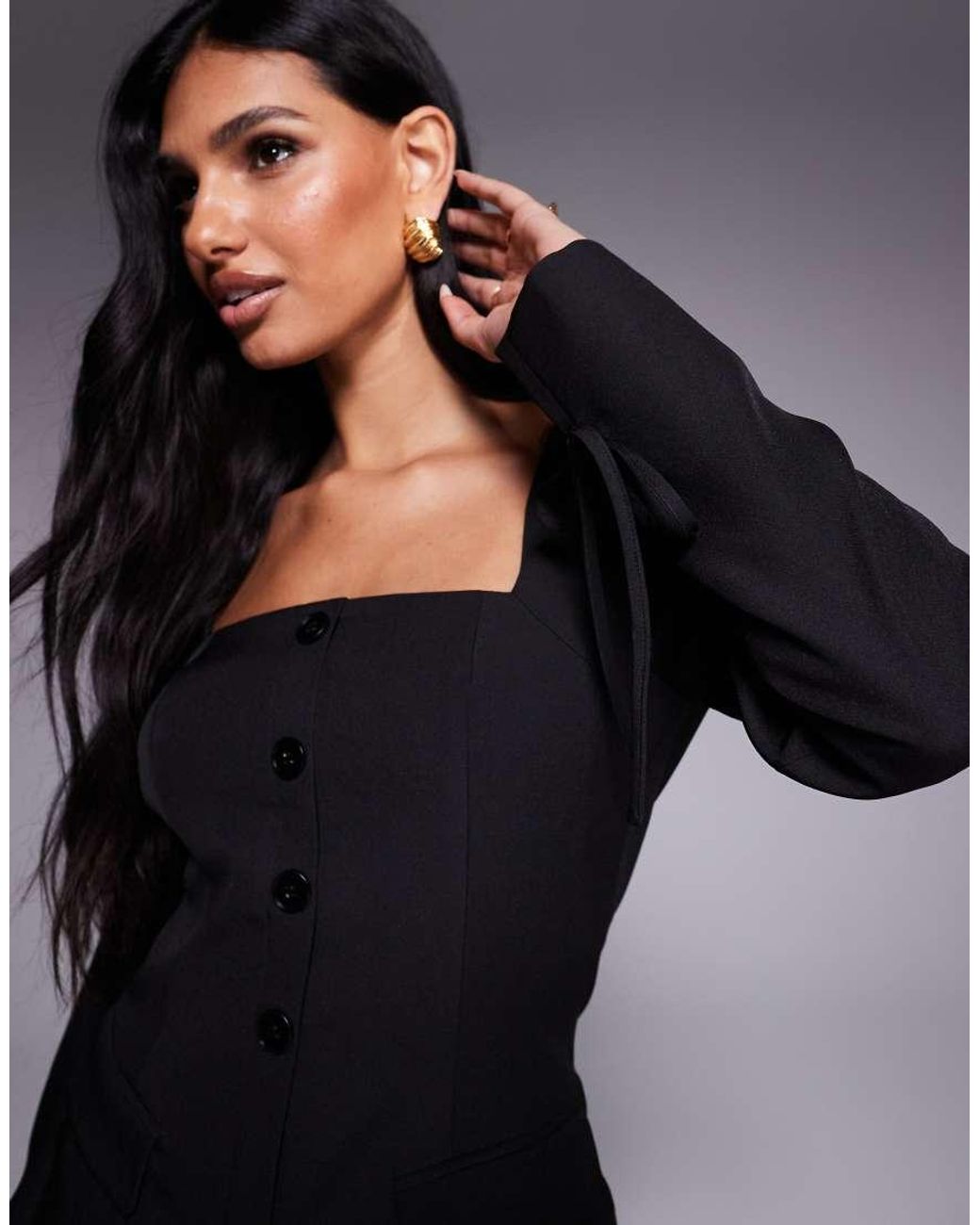 Kaiia Blue Exclusive Square Neck Bow Cuff Detail Tailored Blazer Mini Dress