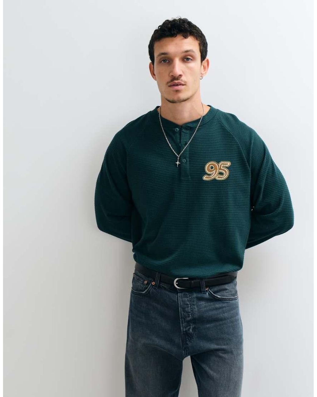 ASOS Green Heavyweight Oversized Long Sleeve Henley With 95 Embroidery for men