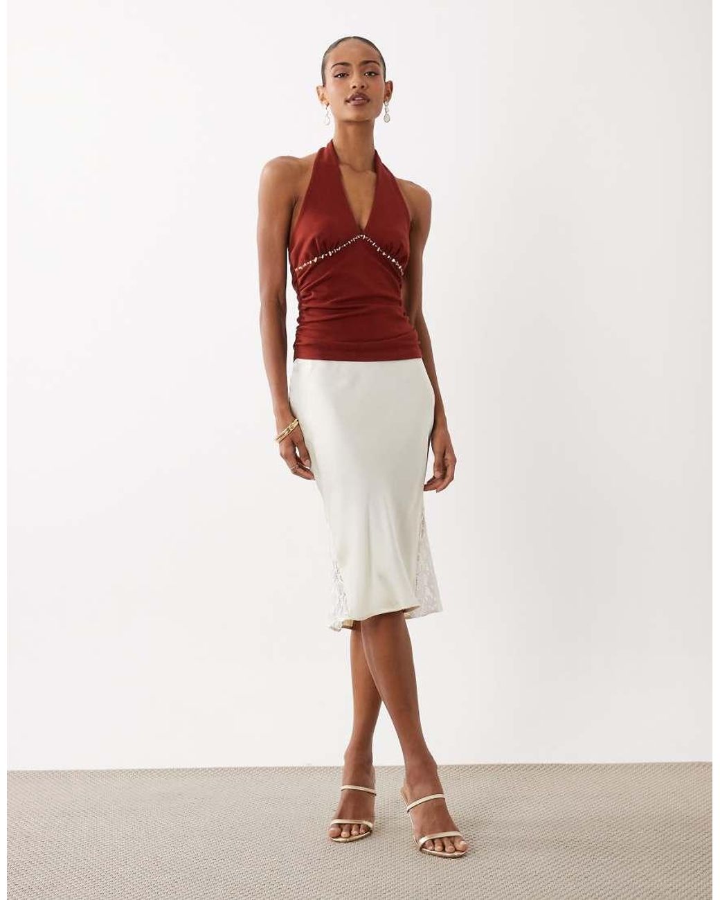ASOS Red Compact Cotton Ruched Halter Neck Top With Bead Detail
