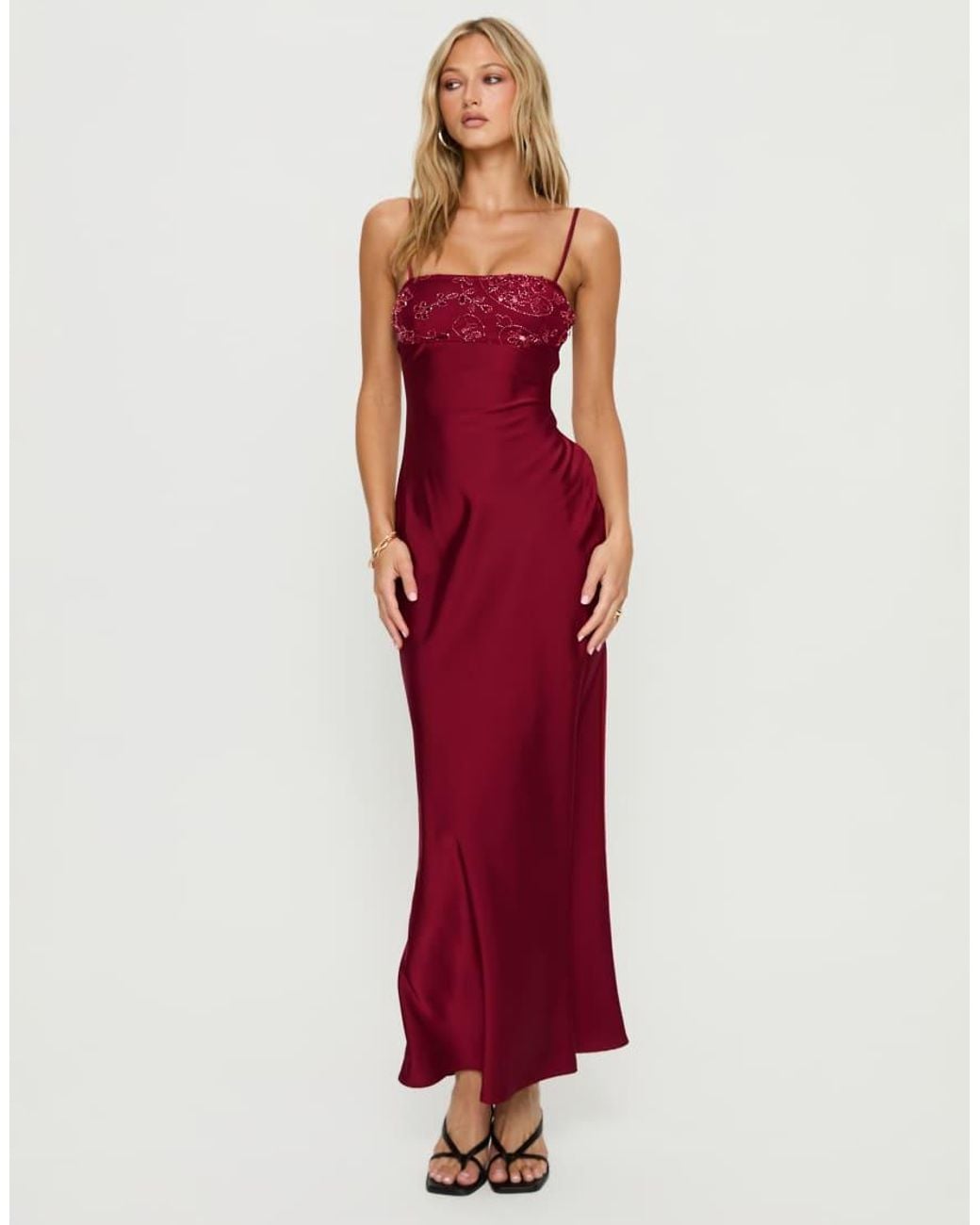 Princess Polly Red Engracia Satin Sequin & Bead Detail Cami Square Neck Maxi Dress