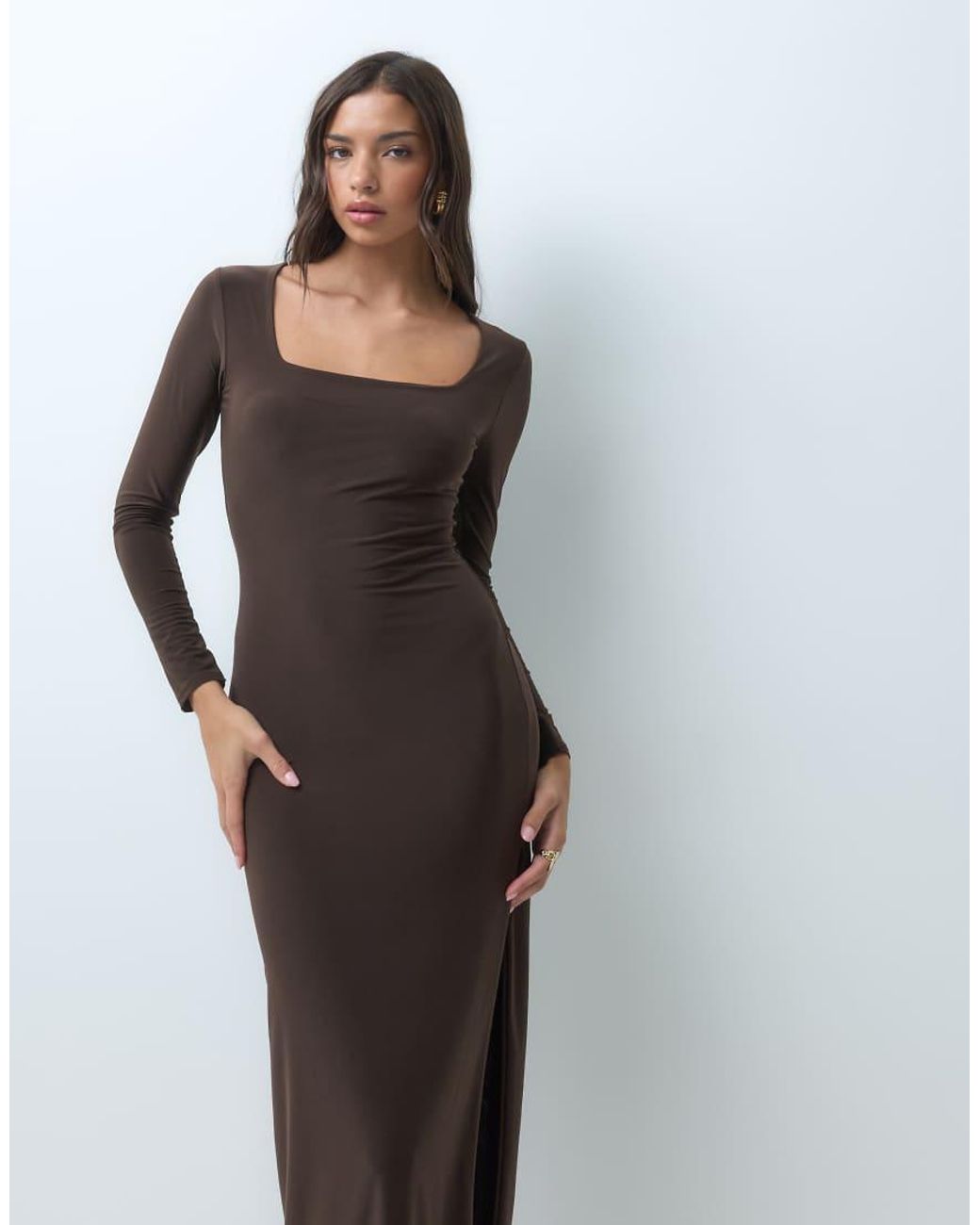 Kaiia White Exclusive Double Sculpted Slinky Square Neck Side Split Maxi Dress