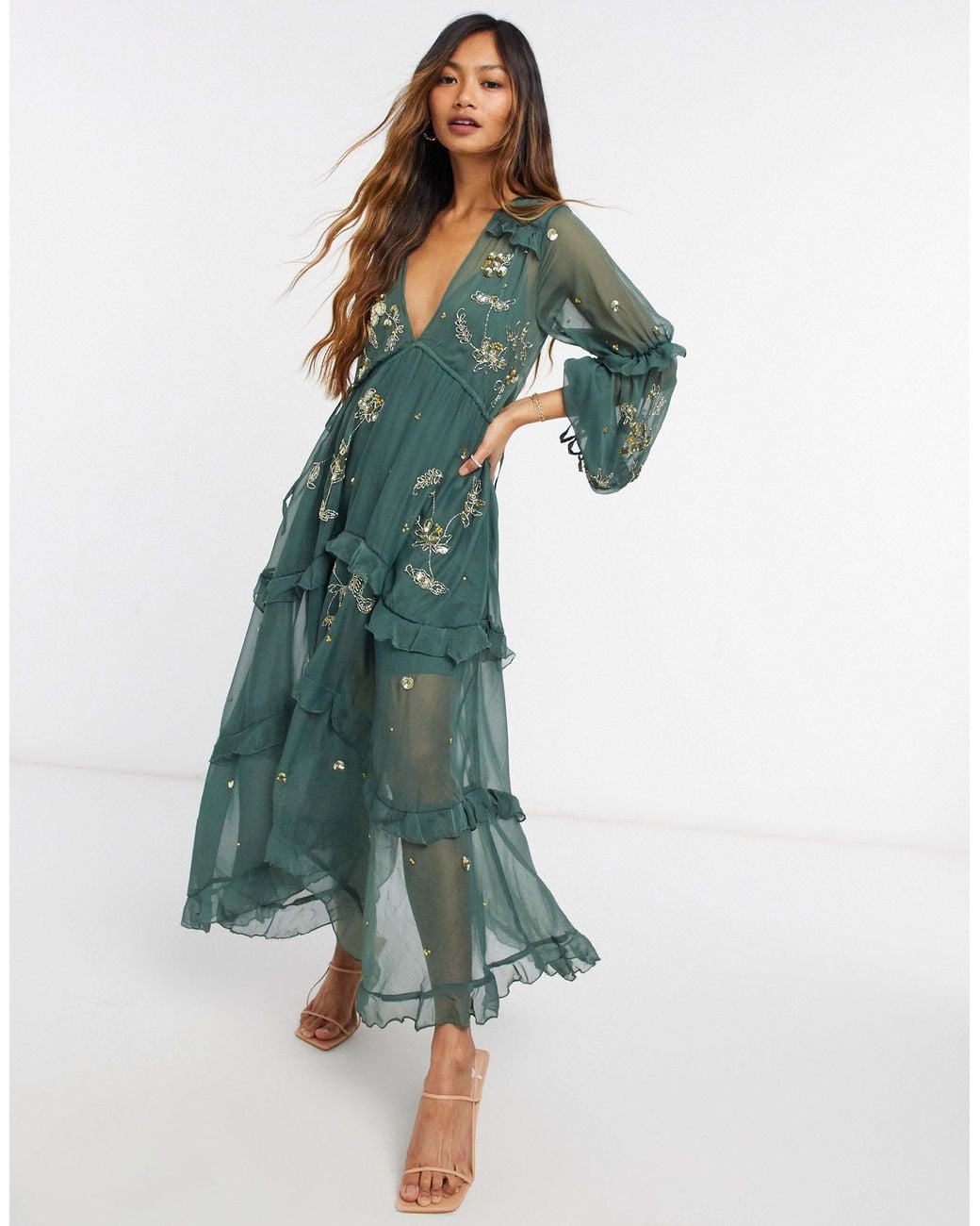 knee length dresses for ladies Baltic Born Womens Lovell Smocked Midi Dress | Deep Olive main image 1