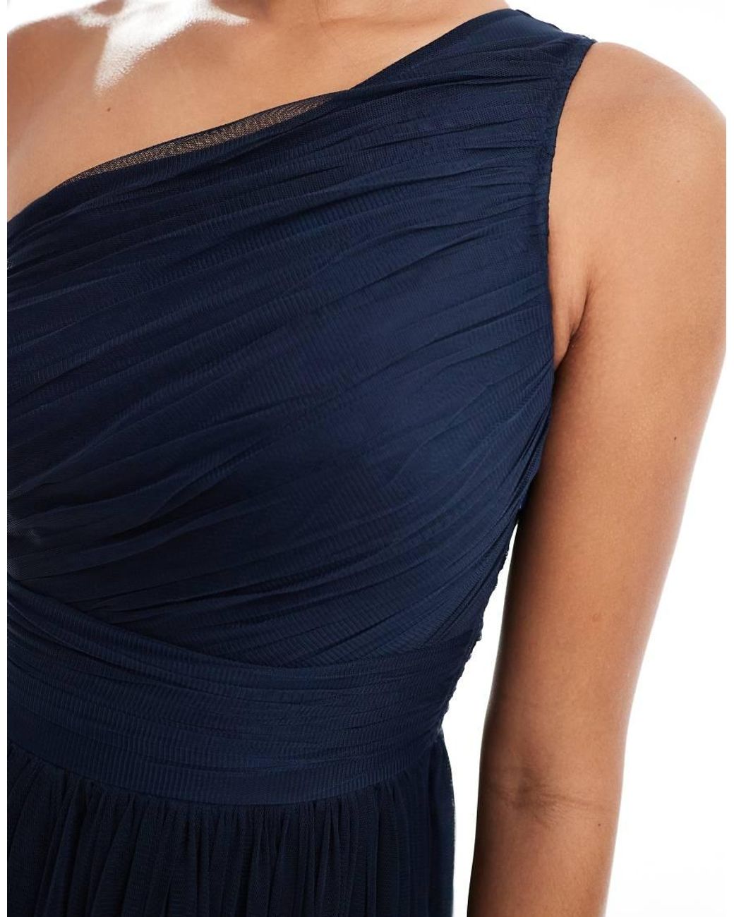 LACE & BEADS Blue Bridesmaid One Shoulder Tulle Maxi Dress