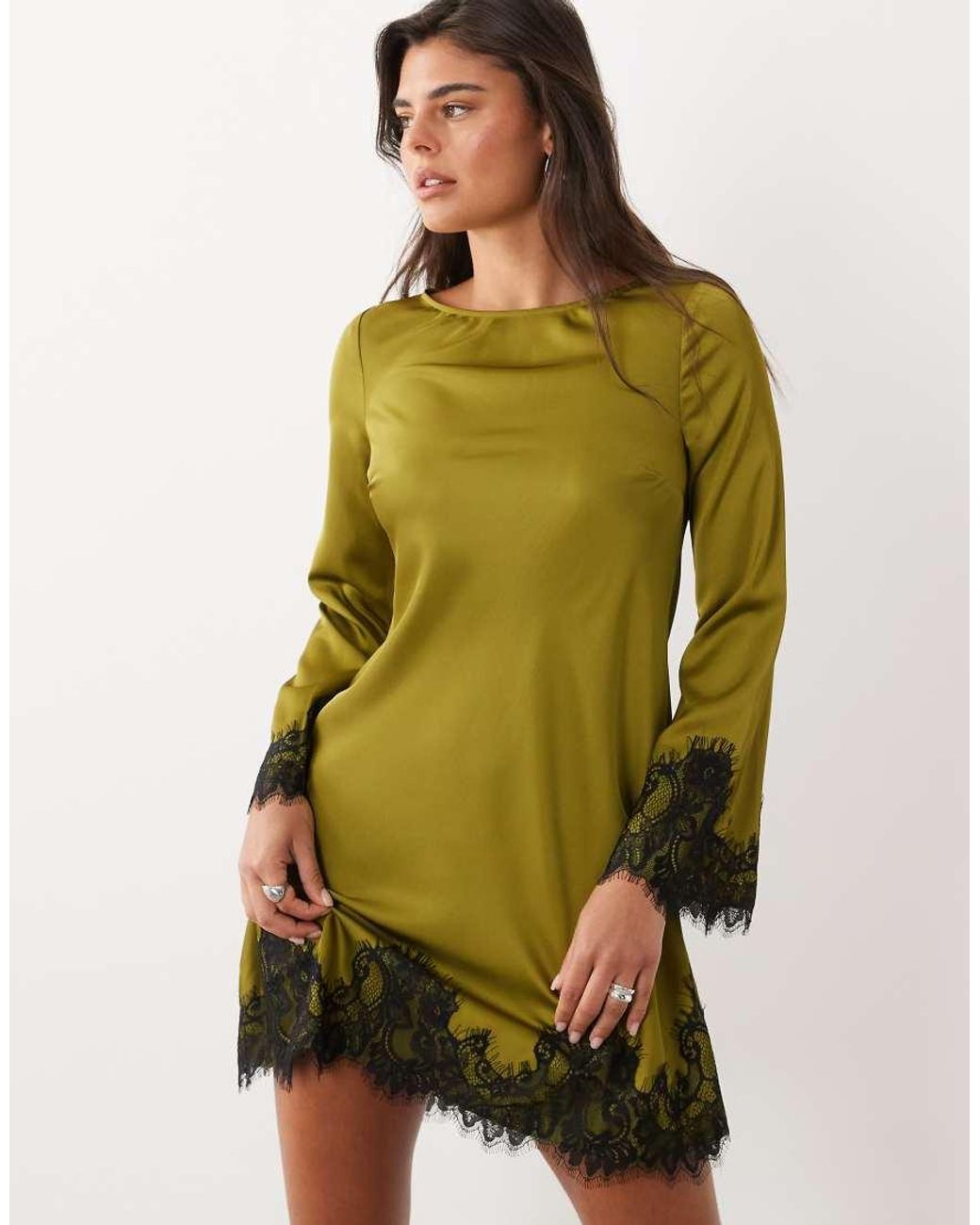 Nobody's Child Green Kamari Satin Boat Neck Lace Trim Mini Dress