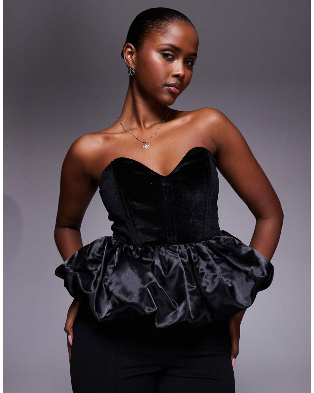 River Island Black Velvet Bandeau Peplum Top