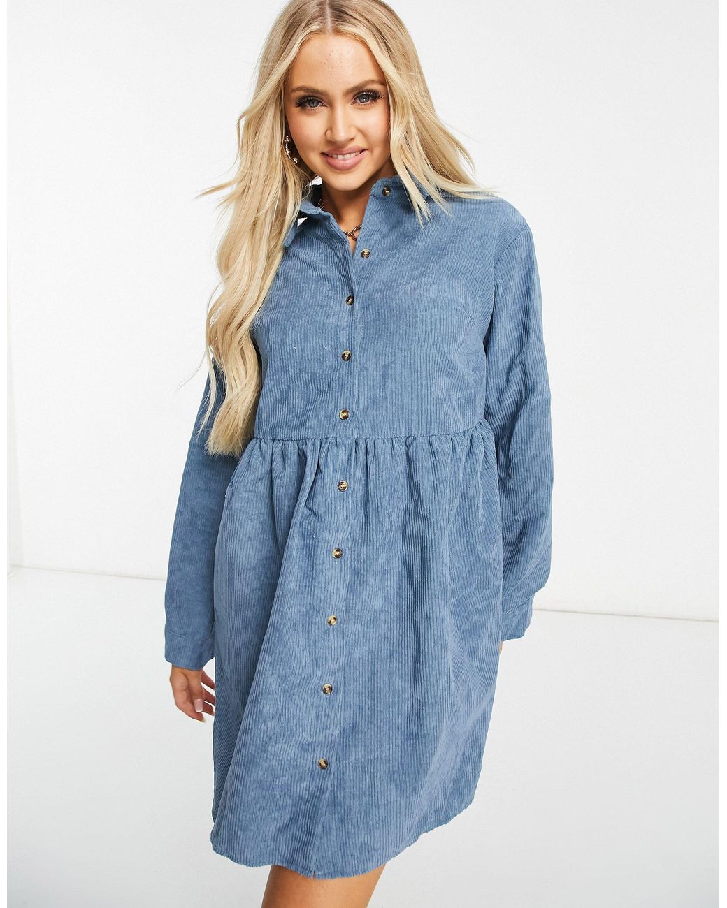 Robe chemise coupe babydoll à manches longues en velours côtelé - ardoise  Missguided en coloris Bleu | Lyst