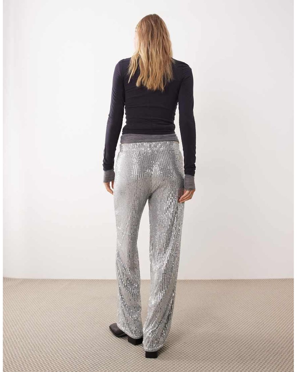 Noisy May Gray High Waist Pull On Sequin Trousers