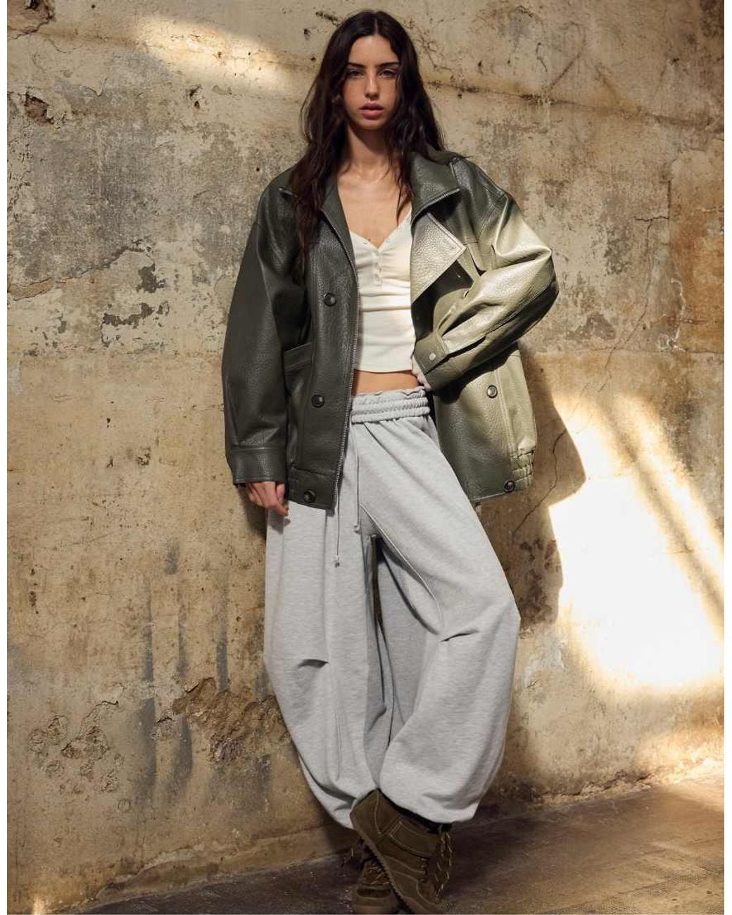 Stradivarius Gray Oversize Leather Effect Jacket
