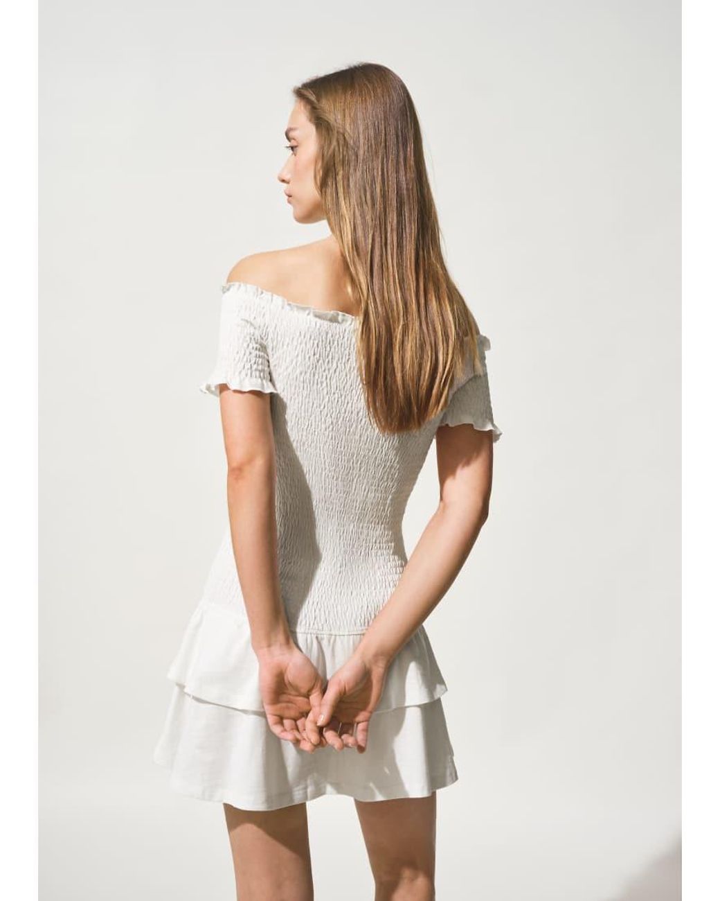 Mango White Teen Crinkle Off Shoulder Mini Dress With Ruffle Hem