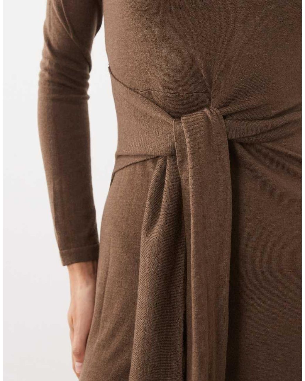 Mango Brown Boat Neck Long Sleeve Midi Dress With Tie Waist
