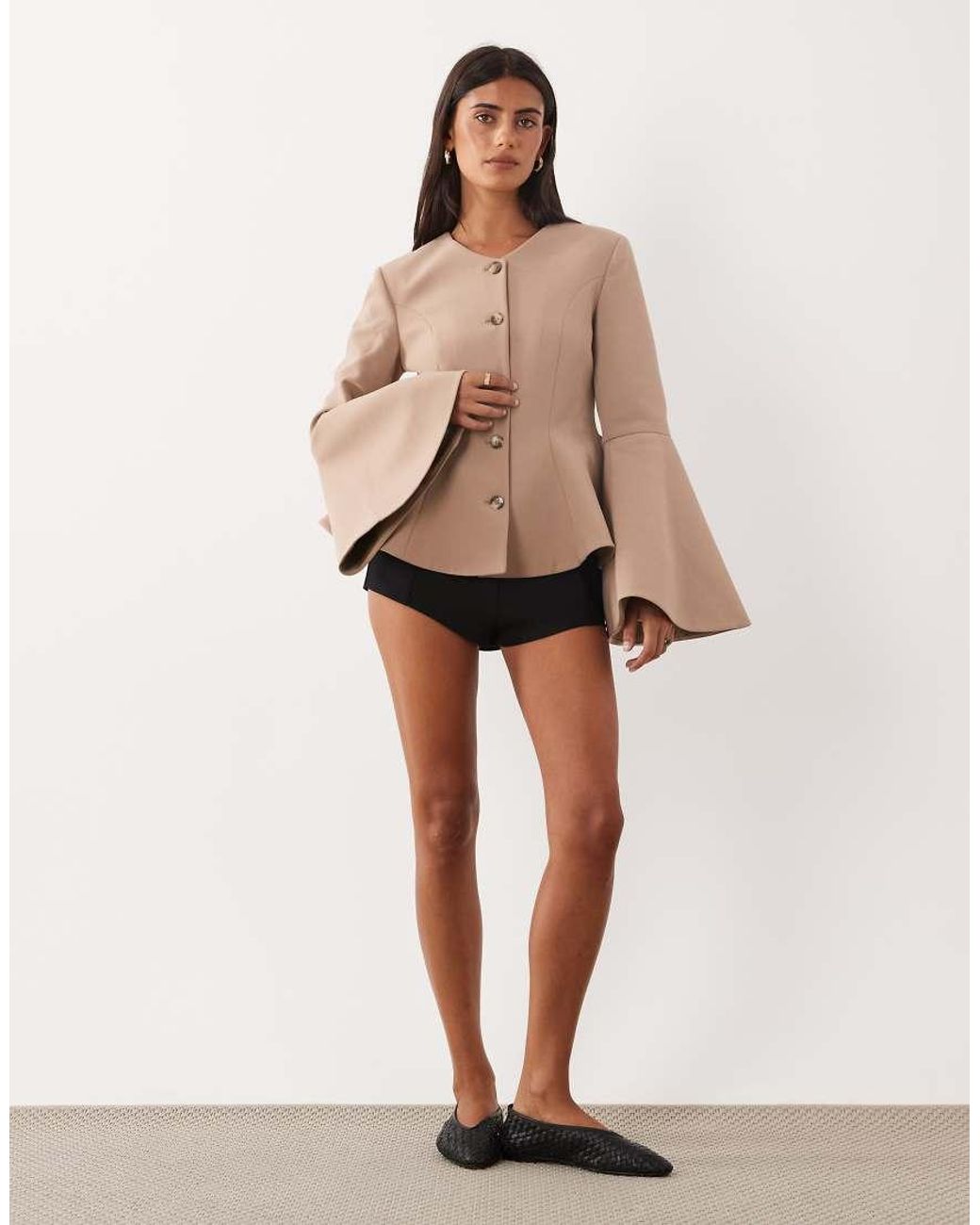 Miss Selfridge Natural Cinched Peplum Blazer With Fluted Sleeves