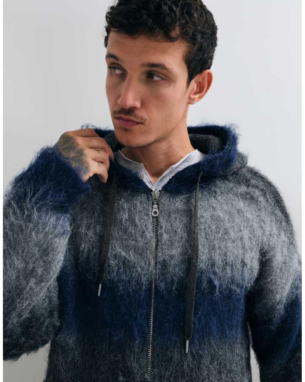 The Ragged Priest Blue Zip Through Fuzzy Gradient Hoodie Knit for men