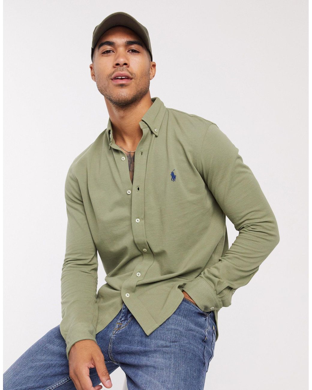 Polo Ralph Lauren Slim-fit Piqué Overhemd Met Logo En Knopen in het Groen  voor heren | Lyst NL