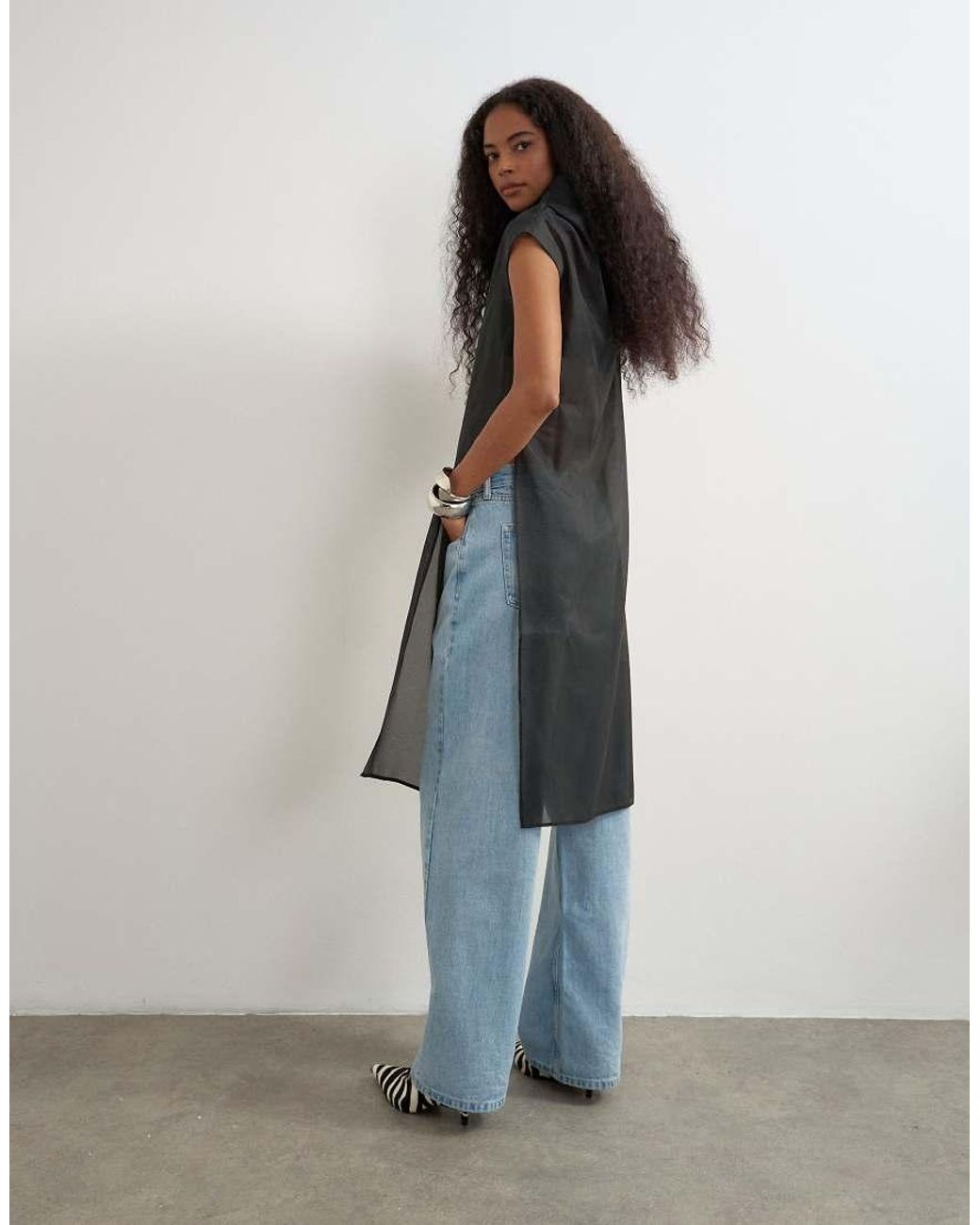 TOPSHOP Black Organza High Neck Side Split Tunic Top