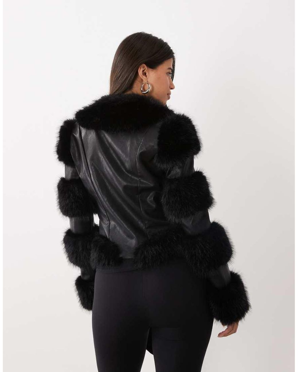 I.AM.GIA Black Vrai Textured Leather Look Panelled Faux Fur Trim Fitted Jacket